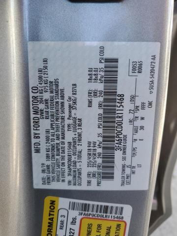 3FA6P0CD0LR115468 - 2020 FORD FUSION SEL SILVER photo 13