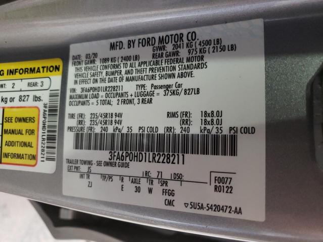 3FA6P0HD1LR228211 - 2020 FORD FUSION SE SILVER photo 12