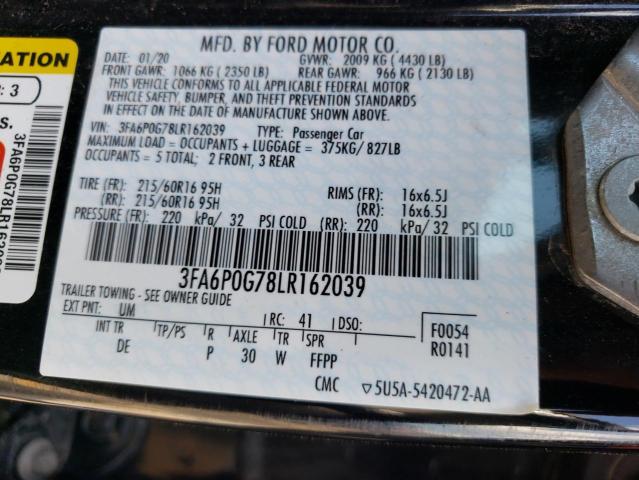 3FA6P0G78LR162039 - 2020 FORD FUSION S BLACK photo 10