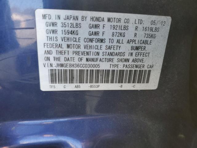 JHMGE8H36CC030005 - 2012 HONDA FIT BLUE photo 12