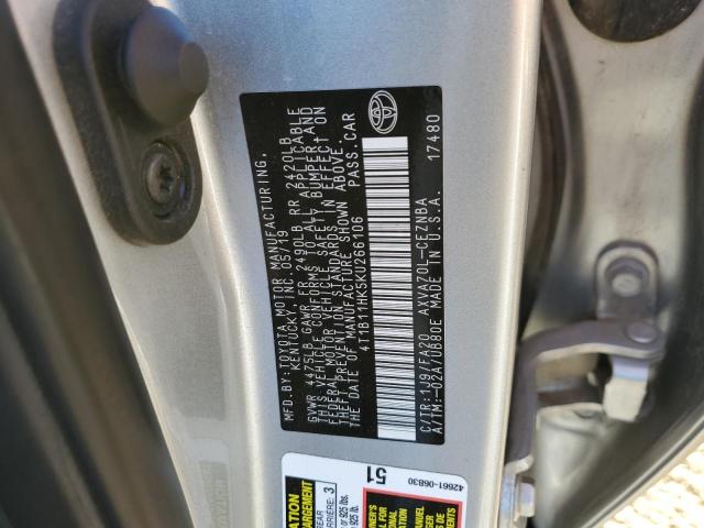 4T1B11HK5KU266106 - 2019 TOYOTA CAMRY L SILVER photo 12