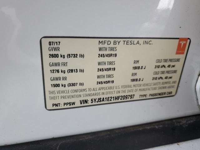 5YJSA1E21HF209797 - 2017 TESLA MODEL S WHITE photo 12