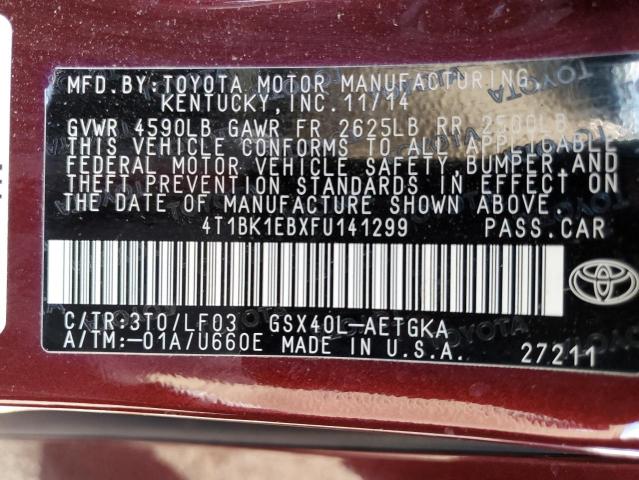 4T1BK1EBXFU141299 - 2015 TOYOTA AVALON XLE RED photo 13