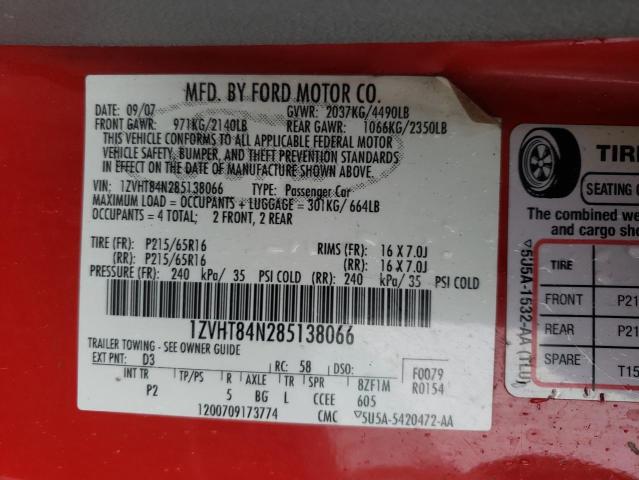 1ZVHT84N285138066 - 2008 FORD MUSTANG RED photo 13