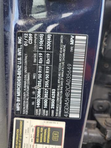 4JGDA5HB2CA035649 - 2012 MERCEDES-BENZ ML 350 4MATIC BLUE photo 12