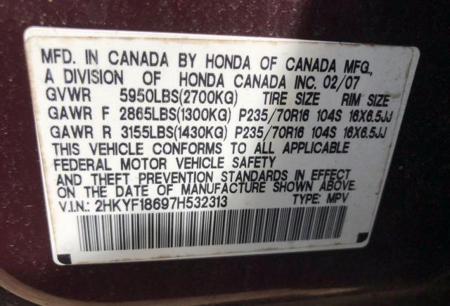 2HKYF18697H532313 - 2007 HONDA PILOT EXL MAROON photo 10