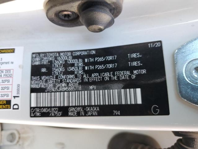 JTENU5JR8M5885718 - 2021 TOYOTA 4RUNNER SR5/SR5 PREMIUM თეთრი ფოტო 12