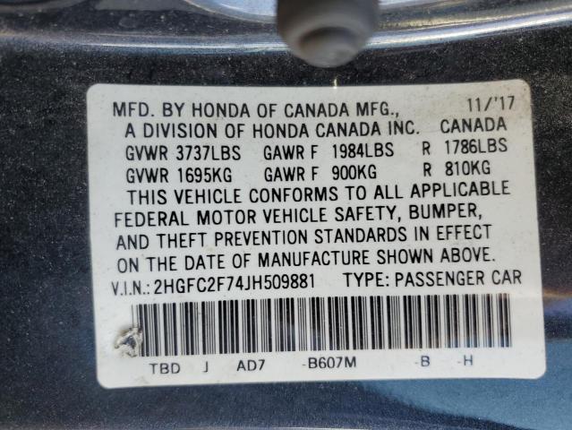 2HGFC2F74JH509881 - 2018 HONDA CIVIC EX BLUE photo 12