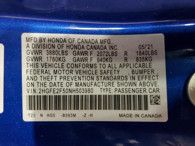 2HGFE2F50NH503980 - 2022 HONDA CIVIC SPORT 蓝色 照片 12