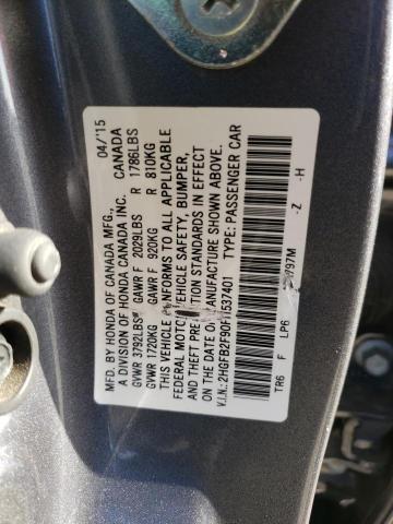 2HGFB2F90FH537401 - 2015 HONDA CIVIC EXL GRAY photo 13