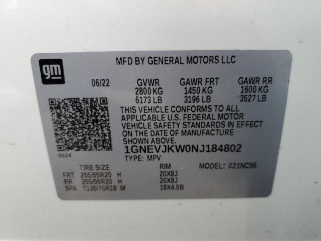 1GNEVJKW0NJ184802 - 2022 CHEVROLET TRAVERSE RS WHITE photo 13