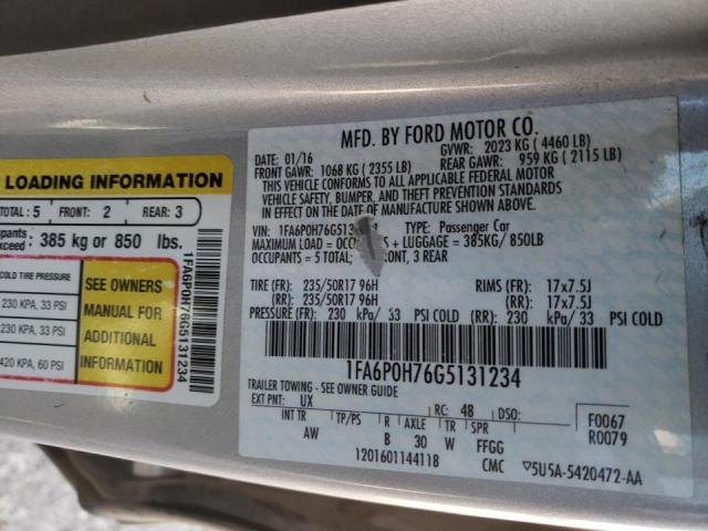 1FA6P0H76G5131234 - 2016 FORD FUSION SE SILVER photo 10