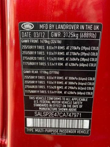 SALSP2E47CA747971 - 2012 LAND ROVER RANGE ROVE AUTOBIOGRAPHY RED photo 10