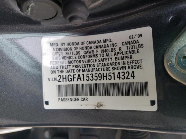 2HGFA15359H514324 - 2009 HONDA CIVIC VP GRAY photo 12