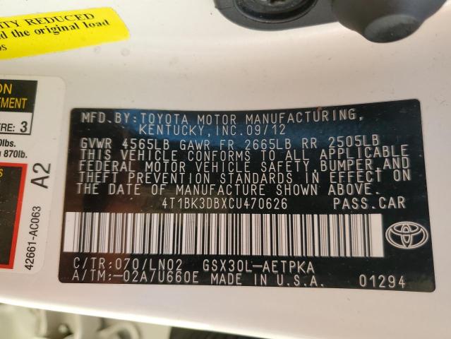 4T1BK3DBXCU470626 - 2012 TOYOTA AVALON BASE 白色 照片 13