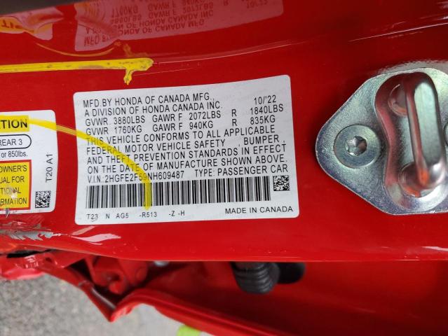 2HGFE2F59NH609487 - 2022 HONDA CIVIC SPORT 红色 照片 12