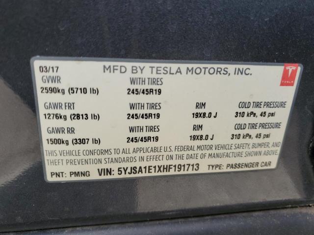 5YJSA1E1XHF191713 - 2017 TESLA MODEL S Մոխրագույն լուսանկար 12