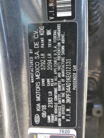 3KPF34AD1KE012131 - 2019 KIA FORTE GT LINE CHARCOAL photo 12