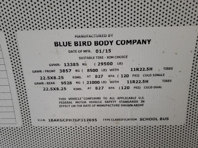 1BAKGCPH7GF317695 - 2016 BLUE BIRD SCHOOL BUS YELLOW photo 10