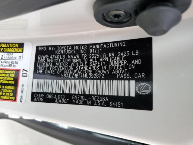 58ADZ1B14MU092672 - 2021 LEXUS ES 350 BASE WHITE photo 13