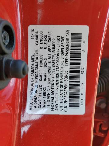 2HGFC2F76HH508435 - 2017 HONDA CIVIC EX RED photo 12