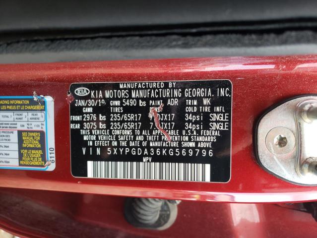 5XYPGDA36KG569796 - 2019 KIA SORENTO L RED photo 13