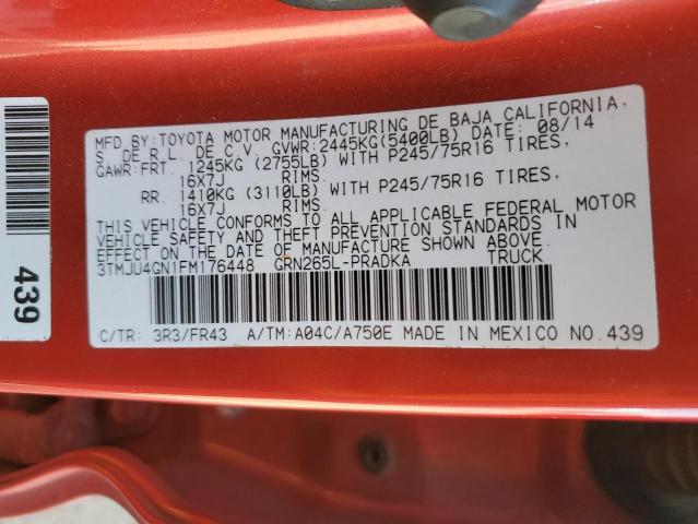 3TMJU4GN1FM176448 - 2015 TOYOTA TACOMA DOUBLE CAB PRERUNNER RED photo 12