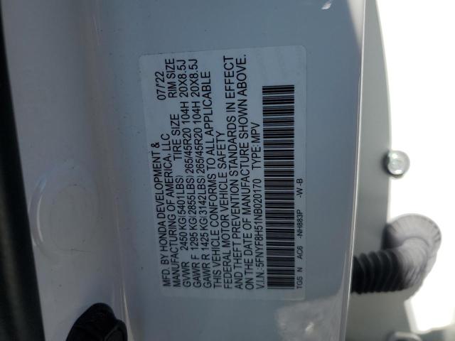 5FNYF8H51NB020170 - 2022 HONDA PASSPORT EXL WHITE photo 13