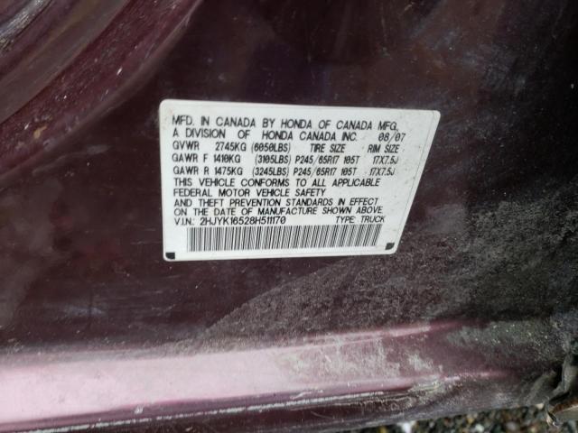 2HJYK16528H511170 - 2008 HONDA RIDGELINE RTL BURGUNDY photo 12