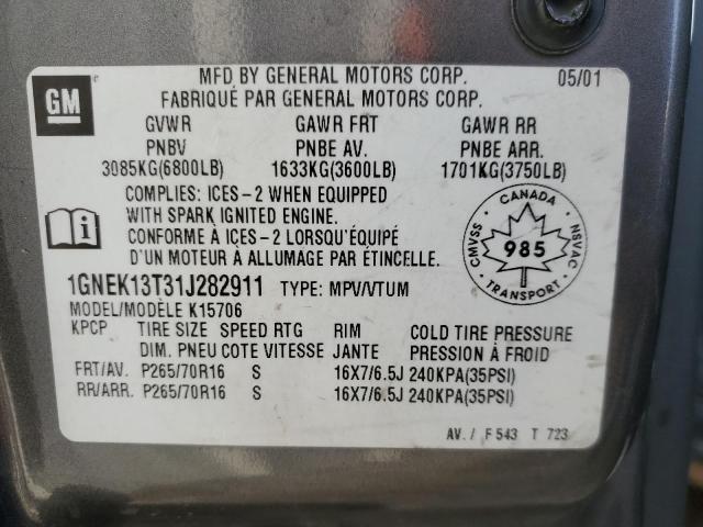 1GNEK13T31J282911 - 2001 CHEVROLET TAHOE K1500 GRAY photo 14