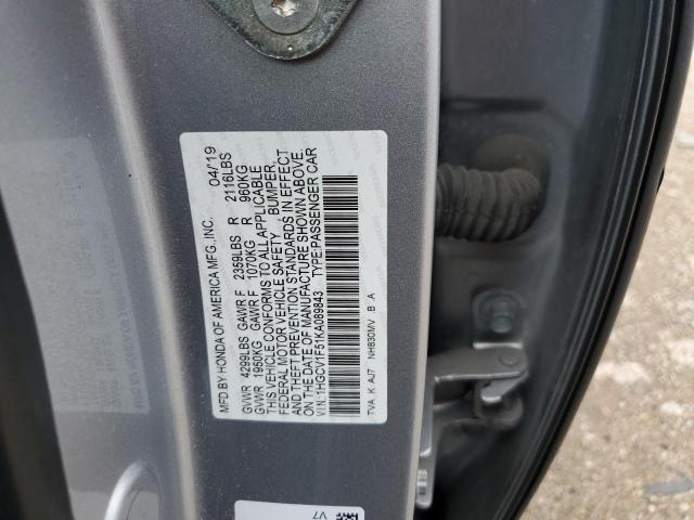 1HGCV1F51KA089843 - 2019 HONDA ACCORD EXL GRAY photo 12