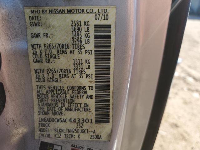 1N6AD0CW5AC443301 - 2010 NISSAN FRONTIER KING CAB SE SILVER photo 12