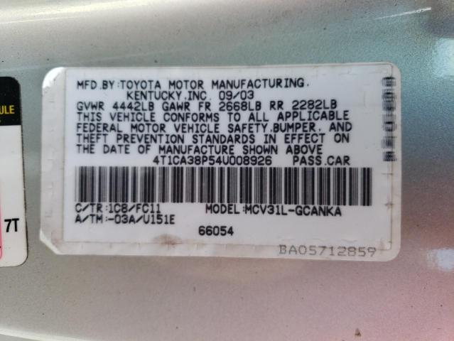 4T1CA38P54U008926 - 2004 TOYOTA CAMRY SOLA SE SILVER photo 12