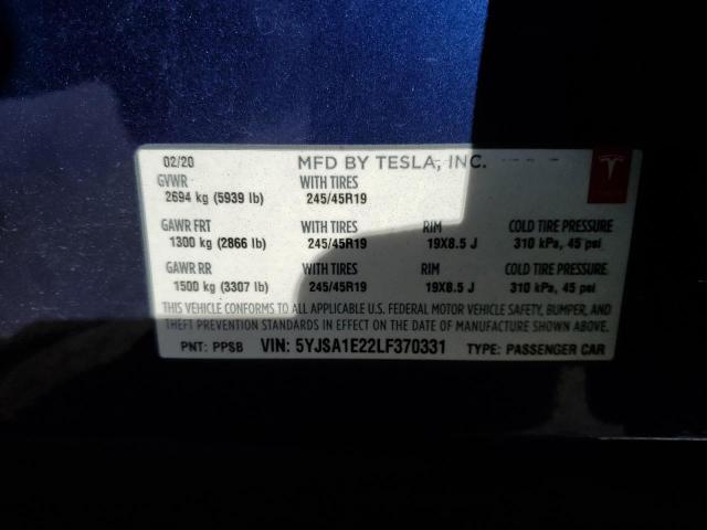 5YJSA1E22LF370331 - 2020 TESLA MODEL S Կապույտ լուսանկար 12