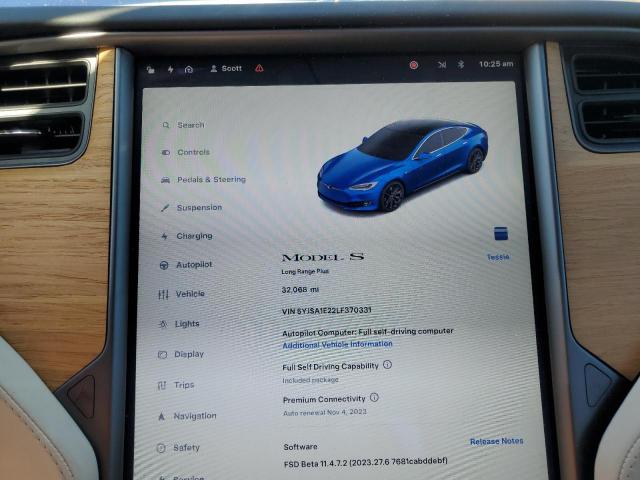 5YJSA1E22LF370331 - 2020 TESLA MODEL S Կապույտ լուսանկար 9