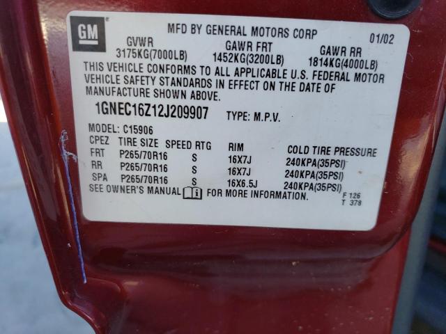 1GNEC16Z12J209907 - 2002 CHEVROLET SUBURBAN C1500 BURGUNDY photo 12