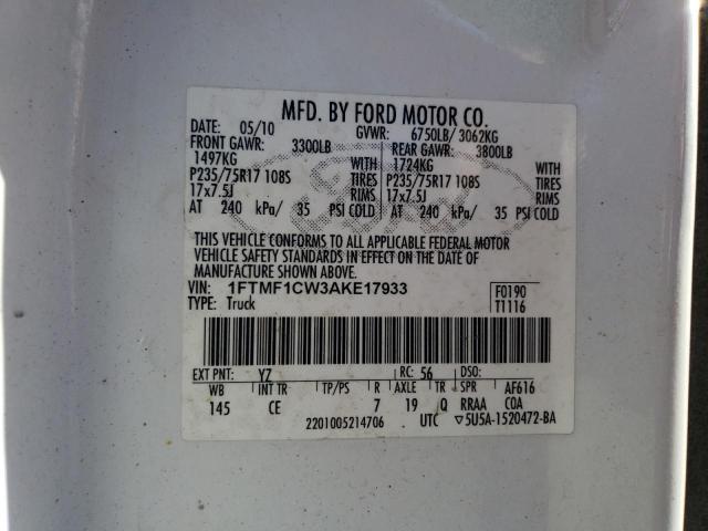 1FTMF1CW3AKE17933 - 2010 FORD F150 WHITE photo 12