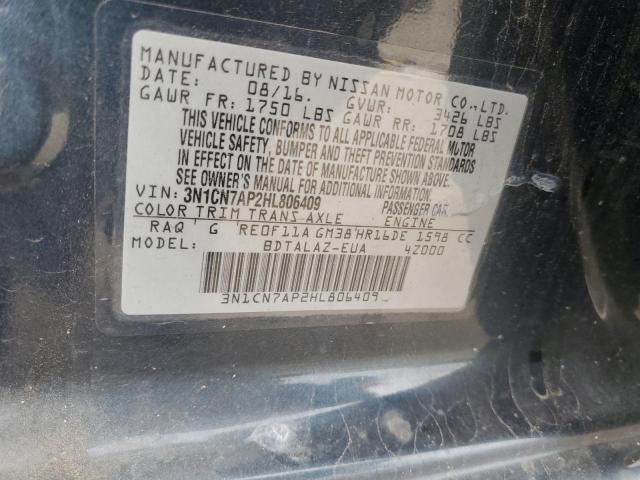 3N1CN7AP2HL806409 - 2017 NISSAN VERSA S BLUE photo 13