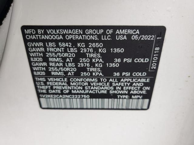 1V2KE2CA2NC222750 - 2022 VOLKSWAGEN ATLAS CROS SE أبيض صورة 12
