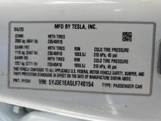 5YJ3E1EA5LF740154 - 2020 TESLA MODEL 3 WHITE photo 12