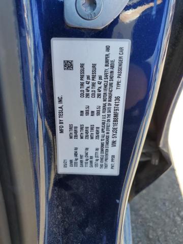 5YJ3E1EB8MF974136 - 2021 TESLA MODEL 3 BLUE photo 12