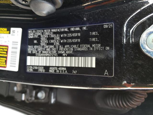 5TDGARAH8MS012145 - 2021 TOYOTA HIGHLANDER HYBRID XLE BLACK photo 13