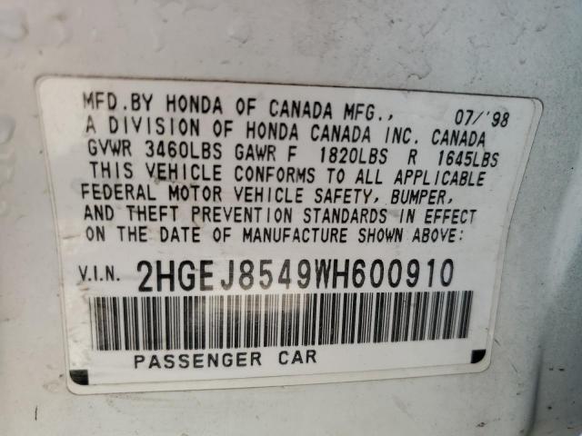 2HGEJ8549WH600910 - 1998 HONDA CIVIC EX WHITE photo 12