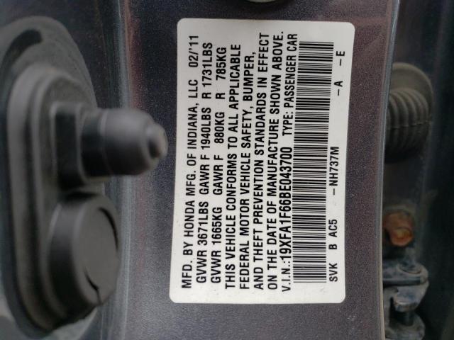 19XFA1F66BE043700 - 2011 HONDA CIVIC LX-S Մոխրագույն լուսանկար 12