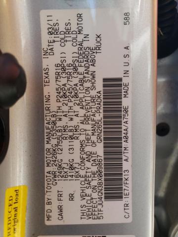 5TFJU4GN3BX009867 - 2011 TOYOTA TACOMA DOUBLE CAB PRERUNNER SILVER photo 13