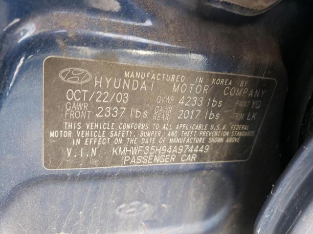 KMHWF35H94A974449 - 2004 HYUNDAI SONATA GLS BLUE photo 12