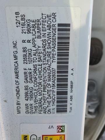 1HGCV1F15KA026337 - 2019 HONDA ACCORD LX WHITE photo 12