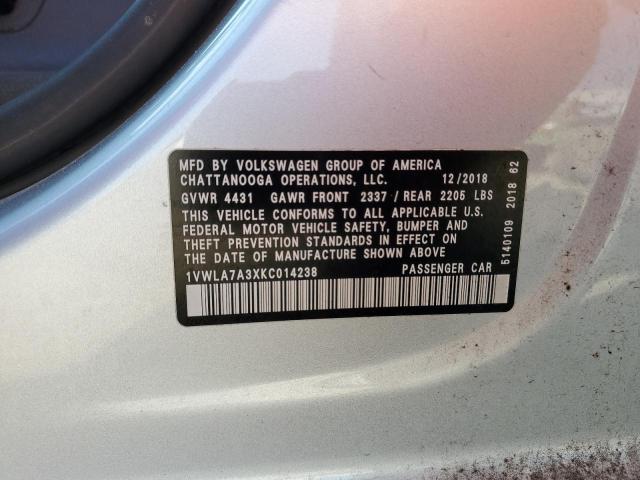 1VWLA7A3XKC014238 - 2019 VOLKSWAGEN PASSAT WOLFSBURG SILVER photo 12