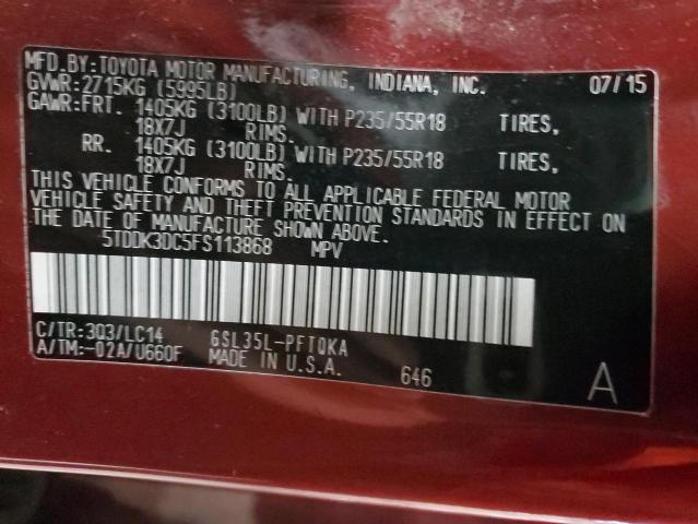 5TDDK3DC5FS113868 - 2015 TOYOTA SIENNA XLE BURGUNDY photo 13