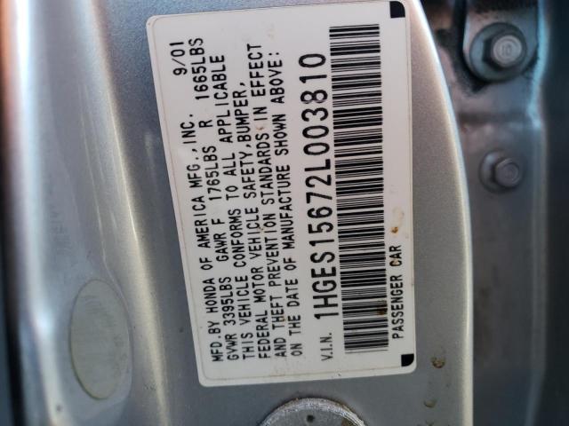 1HGES15672L003810 - 2002 HONDA CIVIC LX SILVER photo 13